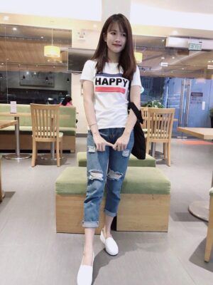 I2688 Ao Thun Nu Tay Ngan In HAPPY