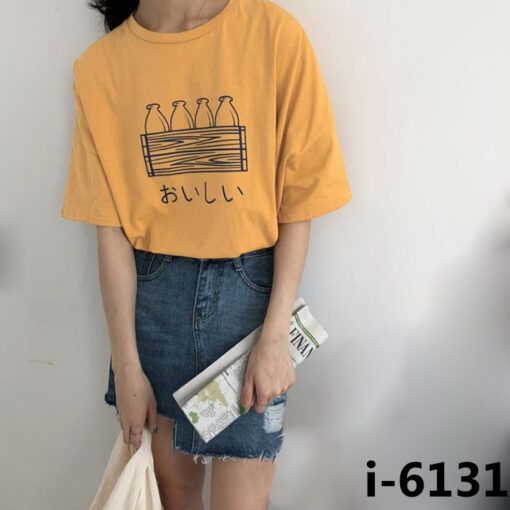 I6131 Ao Thun Nu Unisex Mau Vang Nghe In 4 Chai Nuoc