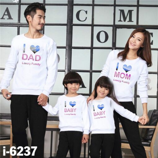 I6237 Ao Thun Gia Dinh Tay Dai Bo Mau Trang In I Love DAD MOM BABY