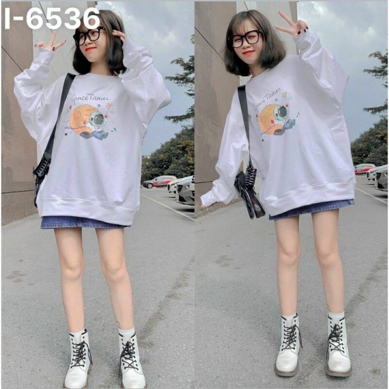 I6536 Áo Thun Sweater Nữ Tay Dài In Họa Tiết Vũ Trụ Space Travel